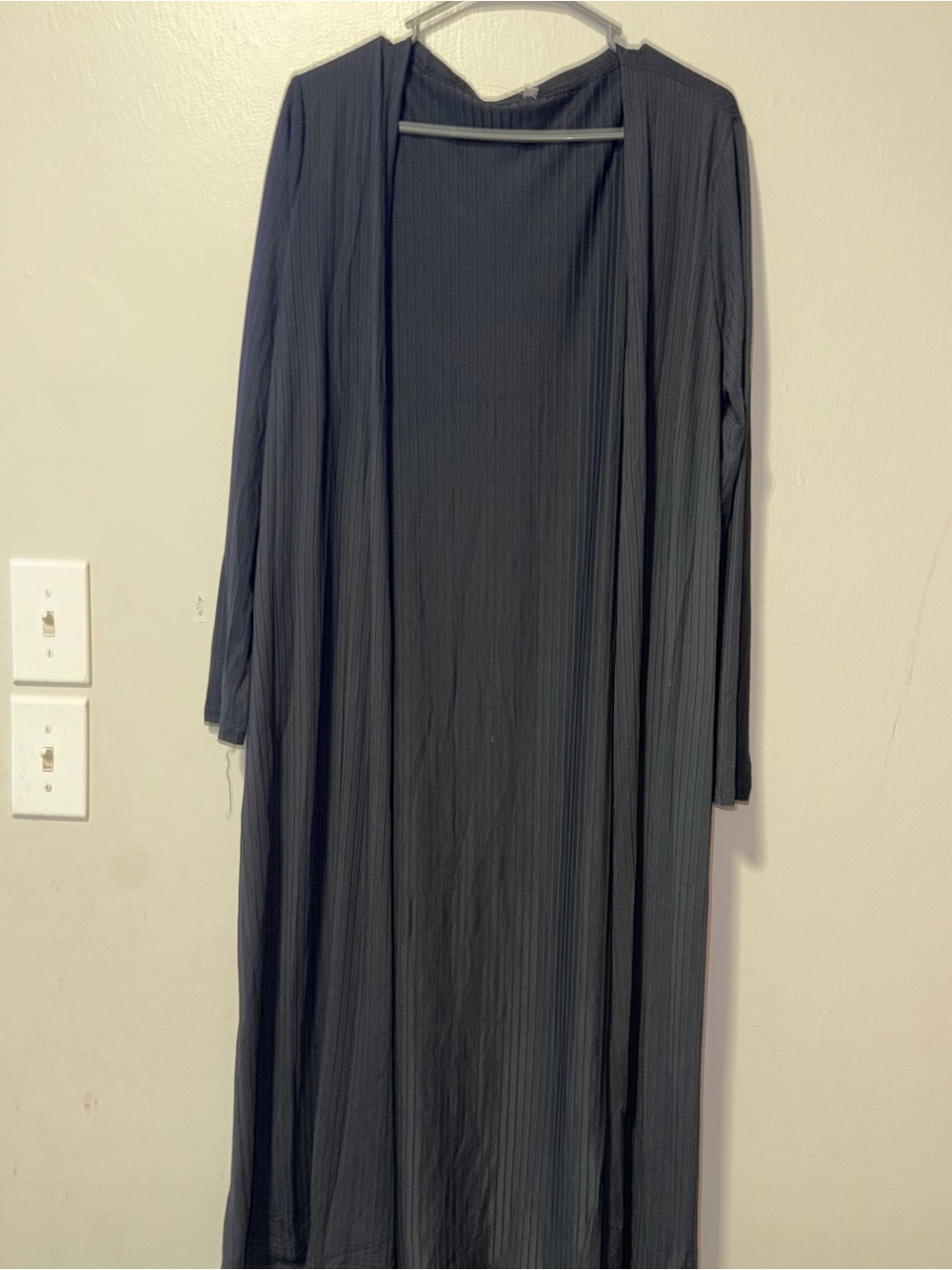 Long Open-Front Ribbed Cardigan - Black - Picture 3 of 12
